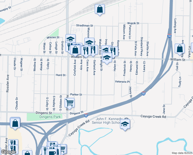 map of restaurants, bars, coffee shops, grocery stores, and more near 181 Garland Avenue in Buffalo