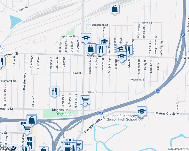 map of restaurants, bars, coffee shops, grocery stores, and more near 243 Crisfield Avenue in Buffalo