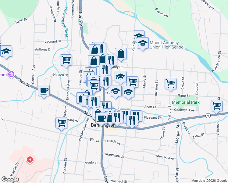 map of restaurants, bars, coffee shops, grocery stores, and more near 114 Gage Street in Bennington