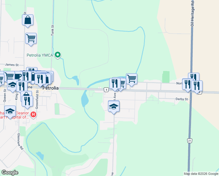 map of restaurants, bars, coffee shops, grocery stores, and more near 4334 Petrolia Line in Petrolia