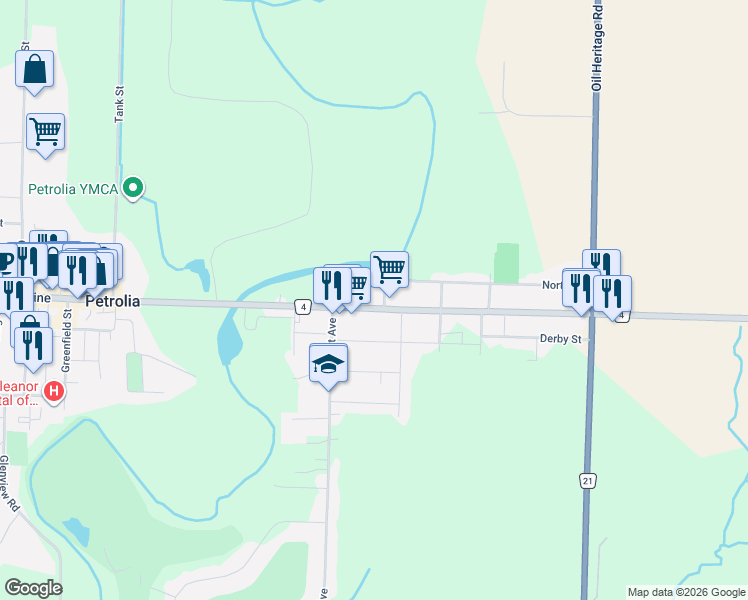 map of restaurants, bars, coffee shops, grocery stores, and more near 394 Hartford Street in Petrolia
