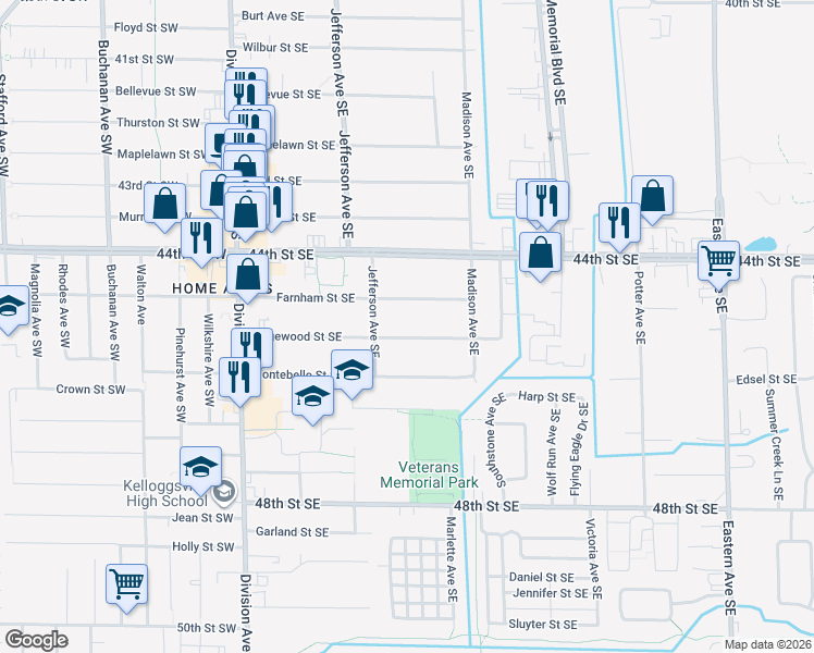 map of restaurants, bars, coffee shops, grocery stores, and more near 315 Ridgewood Street Southeast in Kentwood