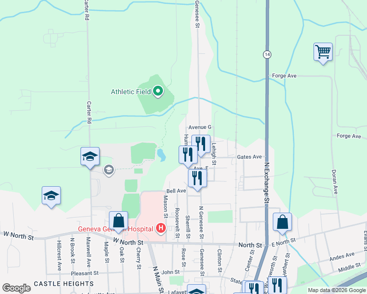 map of restaurants, bars, coffee shops, grocery stores, and more near 43 Humbert Street in Geneva