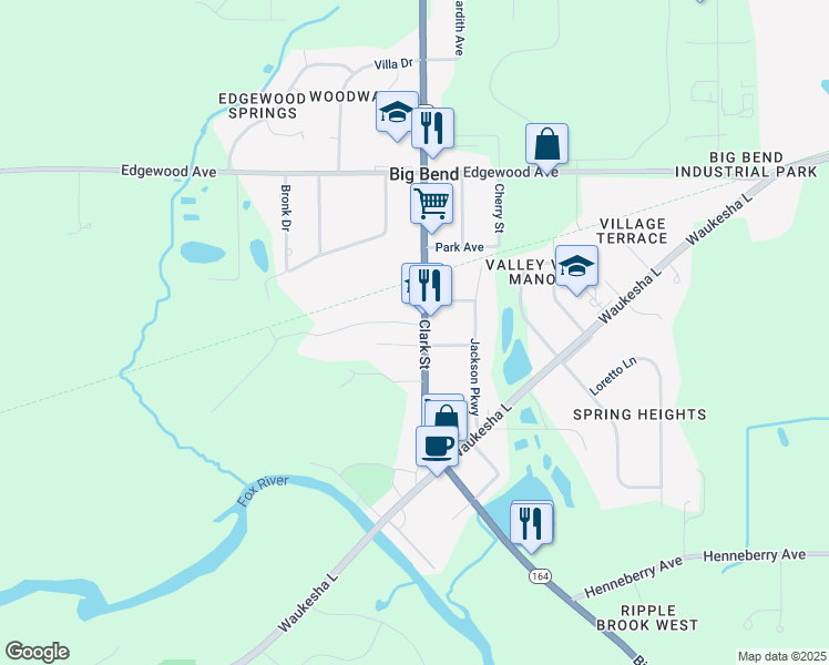 map of restaurants, bars, coffee shops, grocery stores, and more near W230S8945 Clark Street in Big Bend