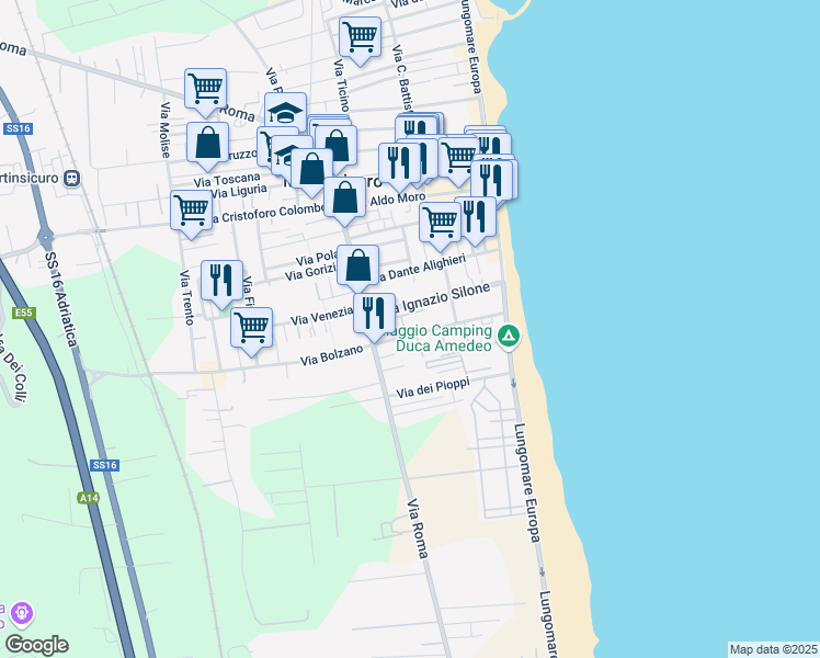 map of restaurants, bars, coffee shops, grocery stores, and more near 9 Via Giacomo Leopardi in Martinsicuro
