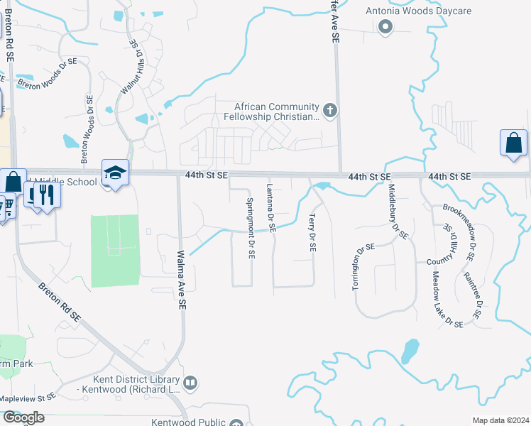 map of restaurants, bars, coffee shops, grocery stores, and more near 4491 Lantana Drive Southeast in Kentwood