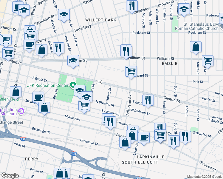map of restaurants, bars, coffee shops, grocery stores, and more near 161 Spring Street in Buffalo