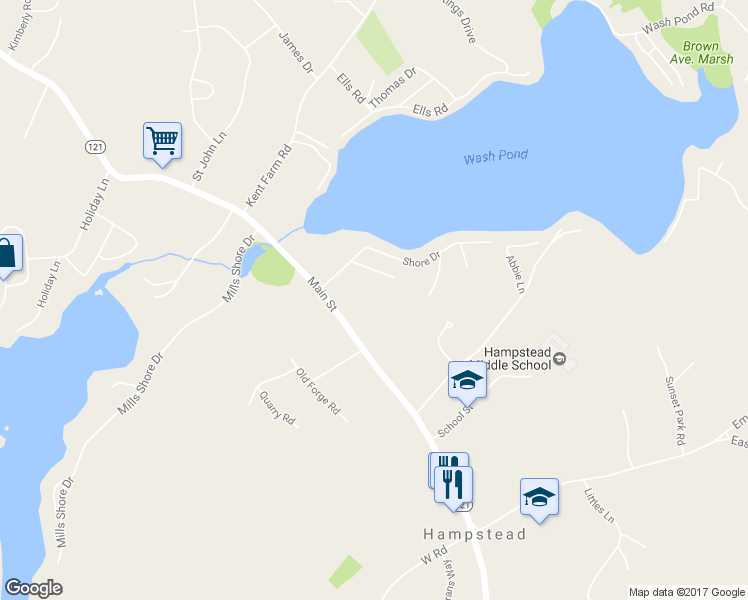map of restaurants, bars, coffee shops, grocery stores, and more near 17 Matthews Dr in Hampstead