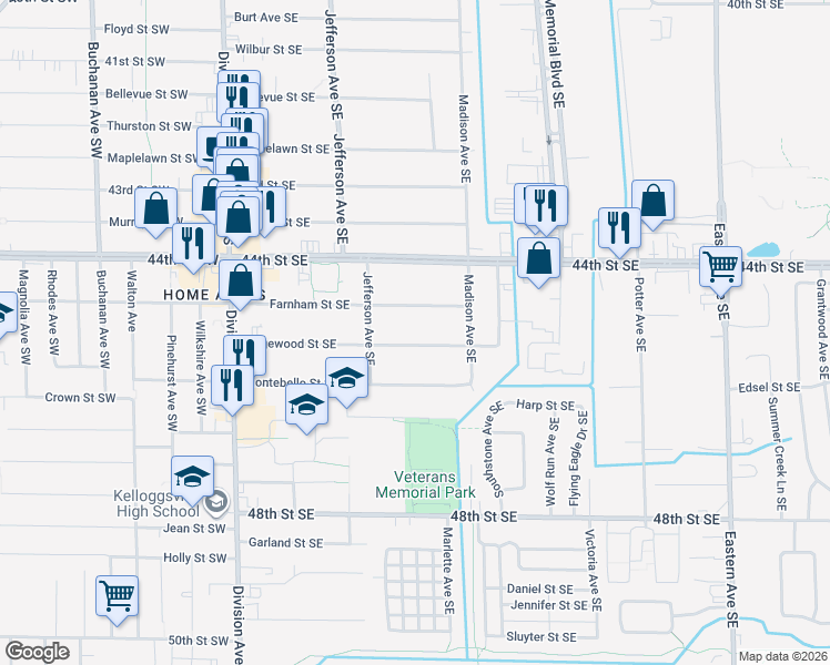 map of restaurants, bars, coffee shops, grocery stores, and more near 315 Ridgewood Street Southeast in Kentwood
