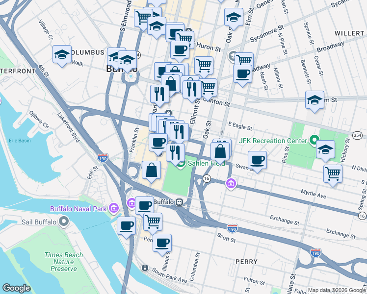 map of restaurants, bars, coffee shops, grocery stores, and more near 50 Swan Street in Buffalo