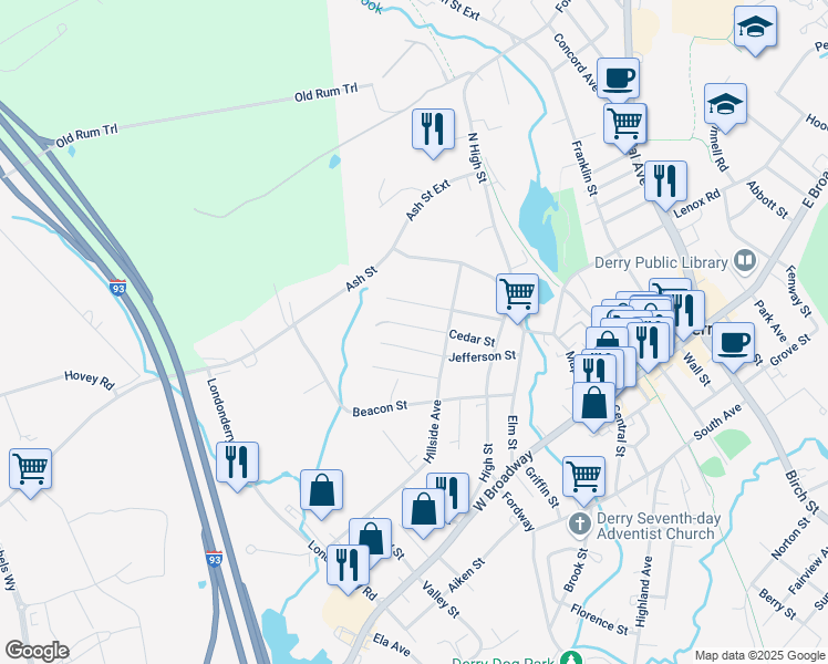 map of restaurants, bars, coffee shops, grocery stores, and more near 20 Cedar Street in Derry