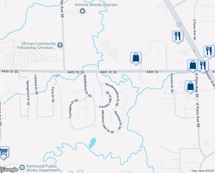 map of restaurants, bars, coffee shops, grocery stores, and more near 4492 Brookmeadow Drive Southeast in Kentwood