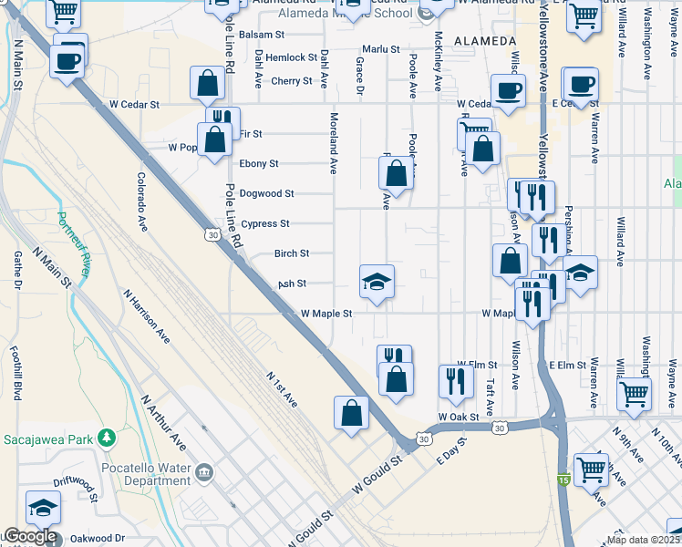 map of restaurants, bars, coffee shops, grocery stores, and more near 370 Moreland Avenue in Pocatello
