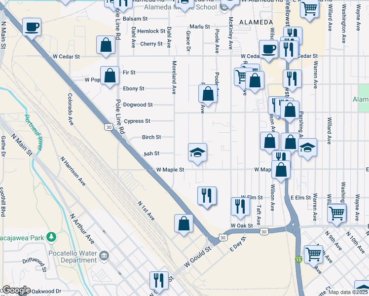 map of restaurants, bars, coffee shops, grocery stores, and more near 370 Moreland Avenue in Pocatello