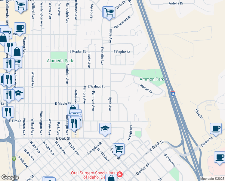 map of restaurants, bars, coffee shops, grocery stores, and more near 385 Hyde Ave in Pocatello