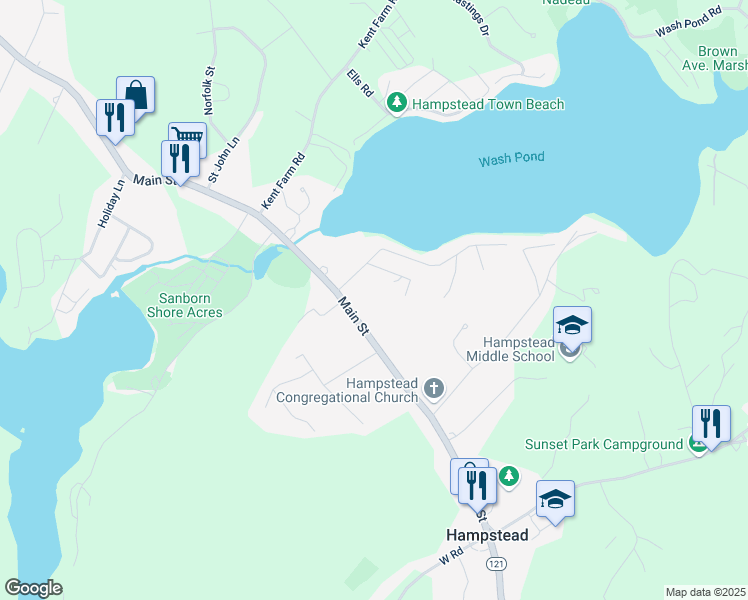 map of restaurants, bars, coffee shops, grocery stores, and more near 17 Matthews Drive in Hampstead