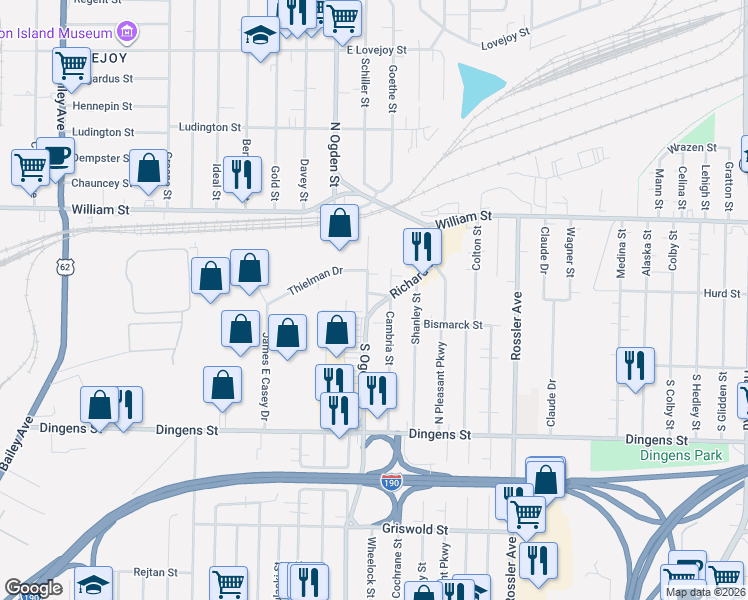 map of restaurants, bars, coffee shops, grocery stores, and more near 751 South Ogden Street in Buffalo