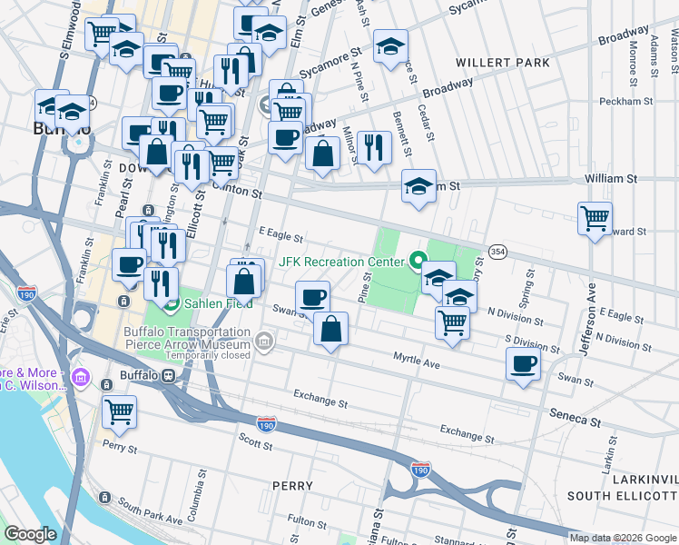 map of restaurants, bars, coffee shops, grocery stores, and more near 321 King Peterson Road in Buffalo