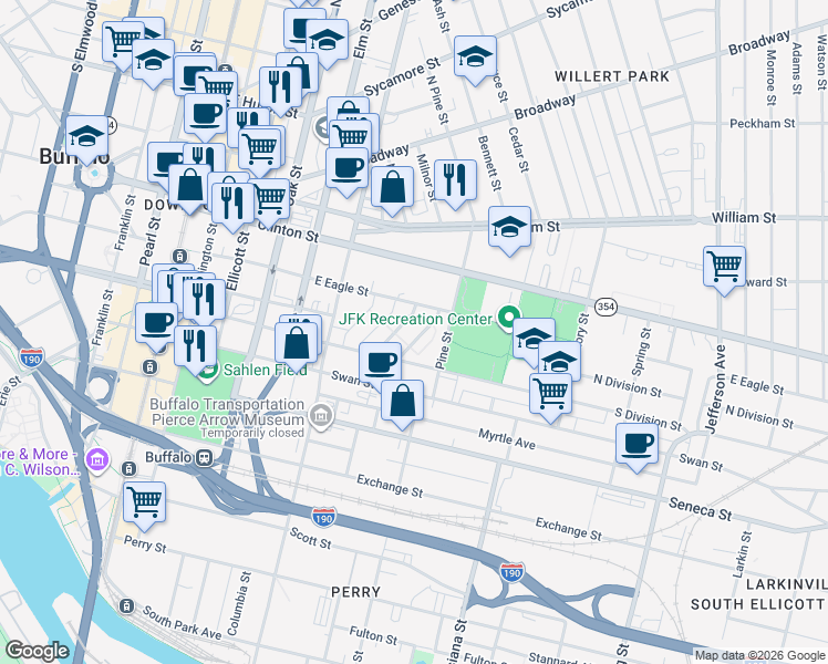 map of restaurants, bars, coffee shops, grocery stores, and more near 321 King Peterson Road in Buffalo