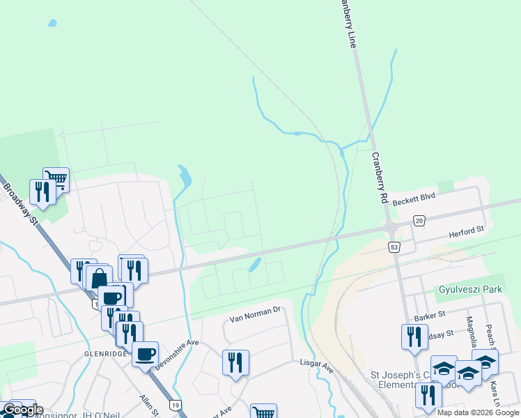 map of restaurants, bars, coffee shops, grocery stores, and more near 37 Braun Avenue in Tillsonburg