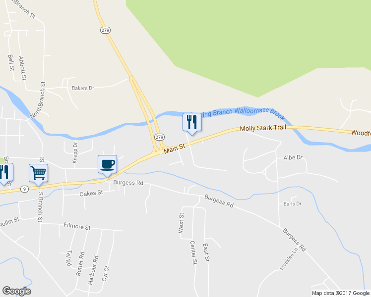 map of restaurants, bars, coffee shops, grocery stores, and more near 1089 Main Street in Bennington