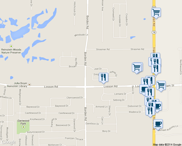map of restaurants, bars, coffee shops, grocery stores, and more near 71 Gregory Ct in Depew