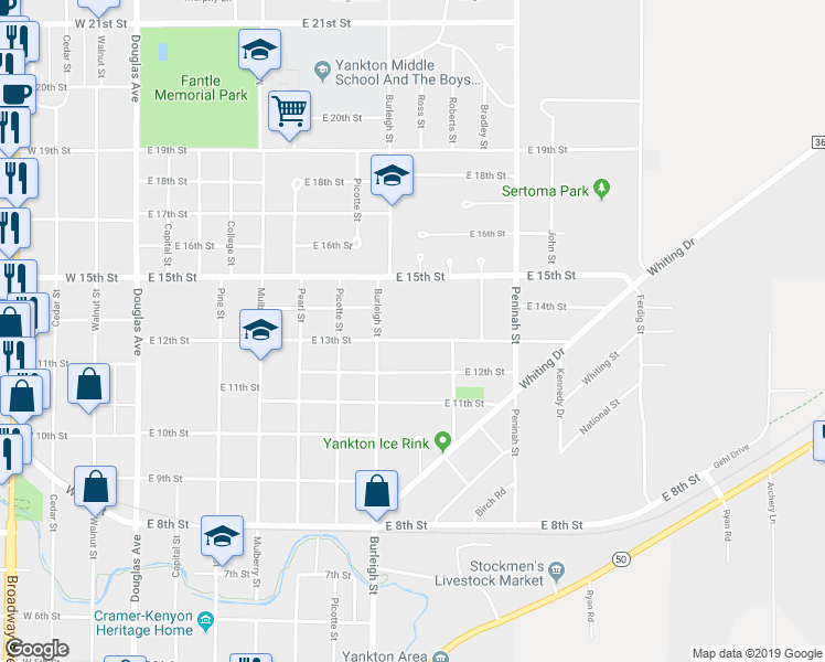 map of restaurants, bars, coffee shops, grocery stores, and more near 906 East 13th Street in Yankton