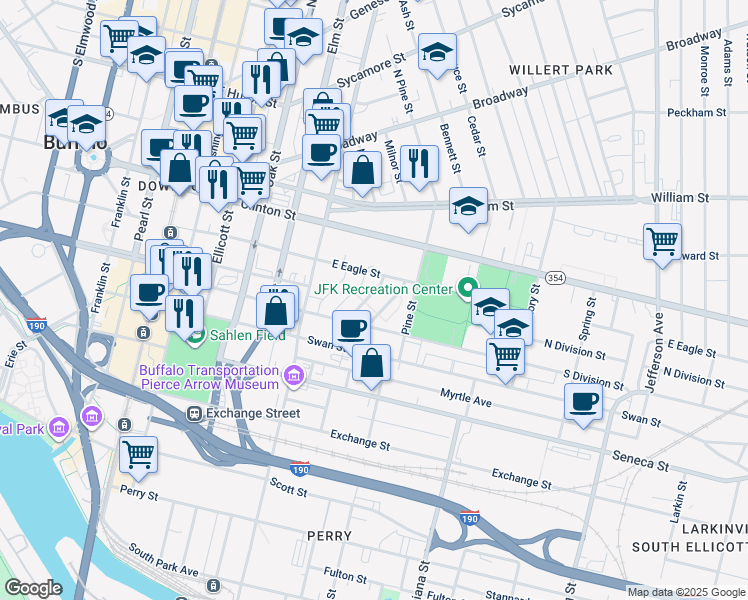 map of restaurants, bars, coffee shops, grocery stores, and more near 321 King Peterson Road in Buffalo
