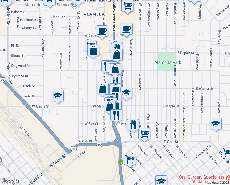 map of restaurants, bars, coffee shops, grocery stores, and more near 382 Yellowstone Avenue in Pocatello