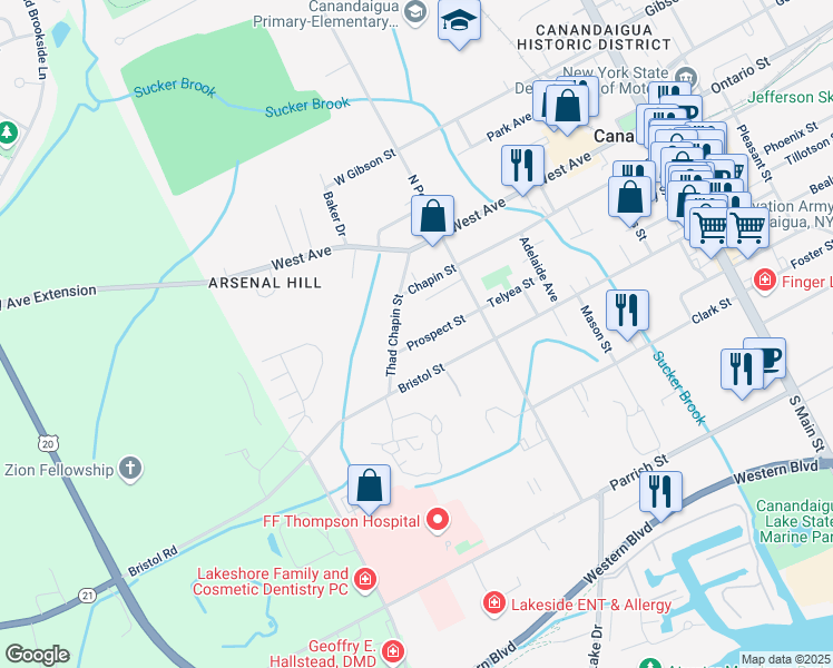 map of restaurants, bars, coffee shops, grocery stores, and more near 244 Prospect St in Canandaigua