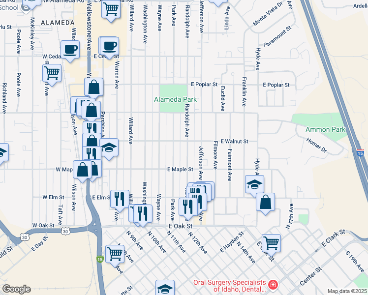 map of restaurants, bars, coffee shops, grocery stores, and more near 389 Randolph Avenue in Pocatello