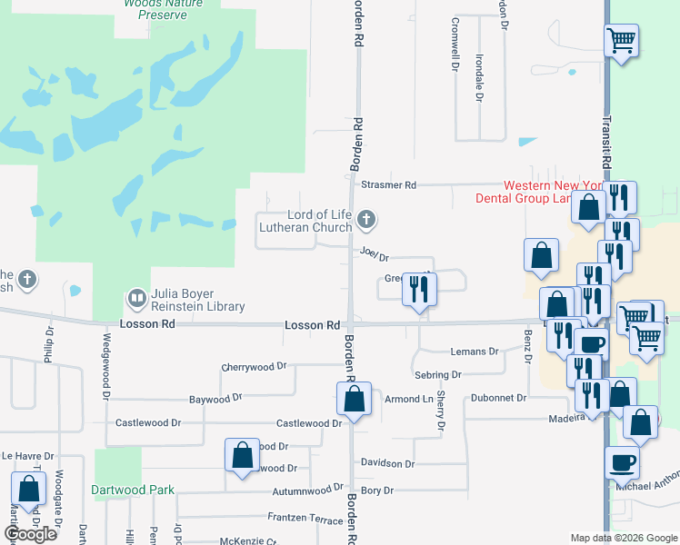 map of restaurants, bars, coffee shops, grocery stores, and more near 988 Borden Road in Depew