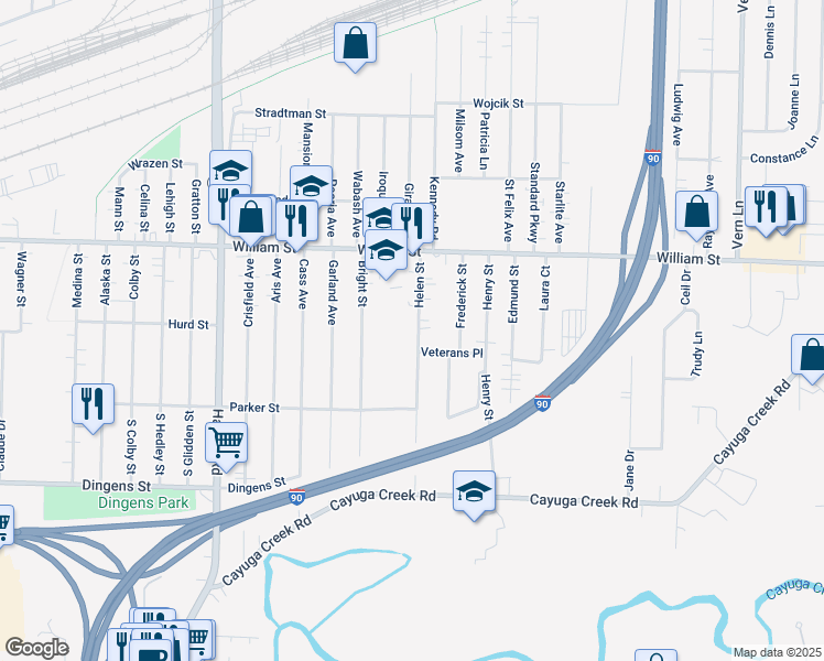 map of restaurants, bars, coffee shops, grocery stores, and more near 170 Helen Street in Cheektowaga