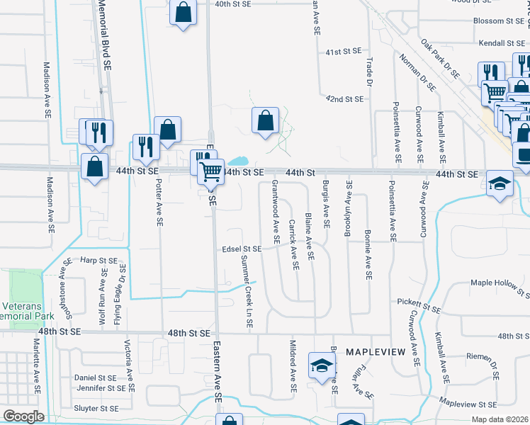 map of restaurants, bars, coffee shops, grocery stores, and more near 4504 Marshall Ave SE in Kentwood