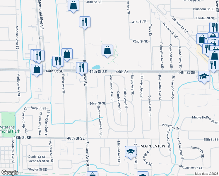 map of restaurants, bars, coffee shops, grocery stores, and more near 4504 Marshall Avenue Southeast in Kentwood