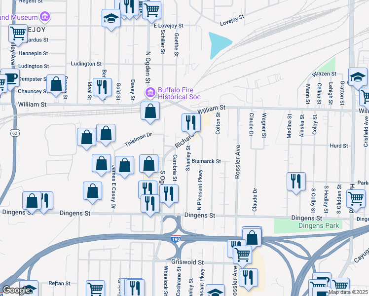 map of restaurants, bars, coffee shops, grocery stores, and more near 376 Shanley Street in Buffalo