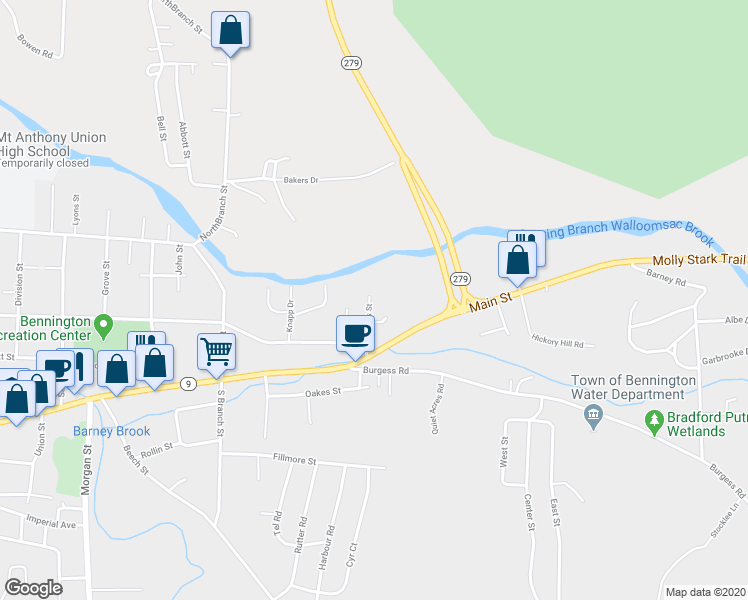 map of restaurants, bars, coffee shops, grocery stores, and more near 113 Cross Street in Bennington