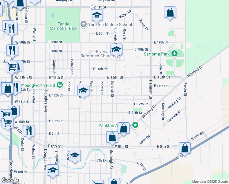 map of restaurants, bars, coffee shops, grocery stores, and more near 1301-1399 Burleigh Street in Yankton