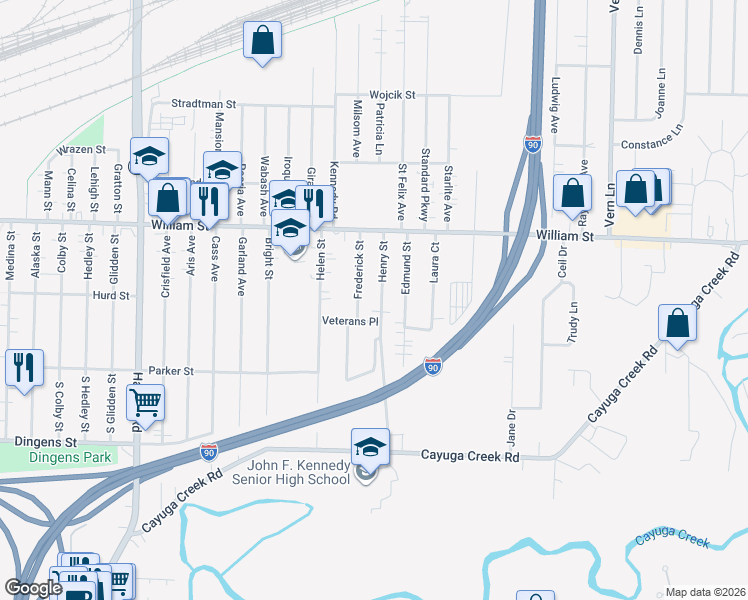 map of restaurants, bars, coffee shops, grocery stores, and more near 31 Henry Street in Buffalo