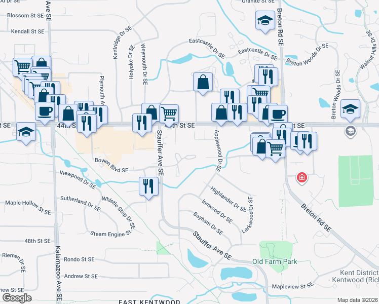 map of restaurants, bars, coffee shops, grocery stores, and more near 2083 Woodshire Place Southeast in Kentwood