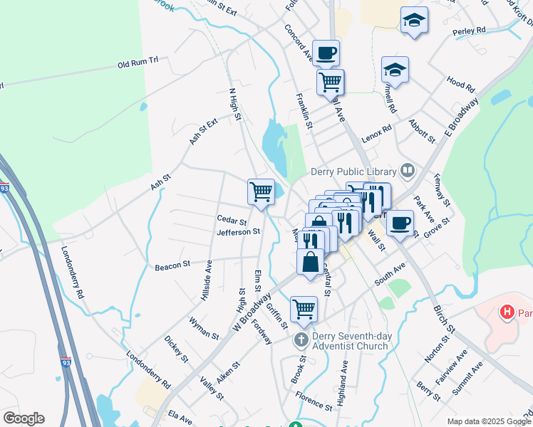map of restaurants, bars, coffee shops, grocery stores, and more near 37 Maple Street in Derry
