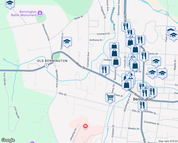 map of restaurants, bars, coffee shops, grocery stores, and more near 105 Main Street in Bennington