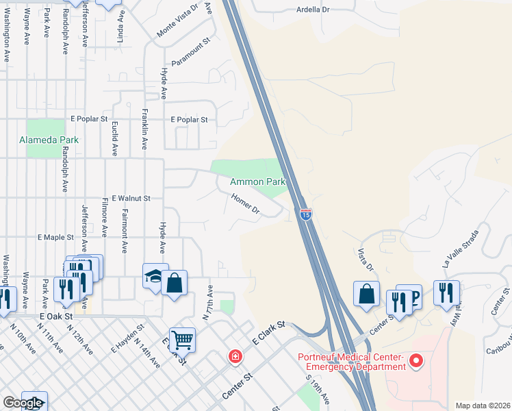 map of restaurants, bars, coffee shops, grocery stores, and more near 1630 Homer Drive in Pocatello