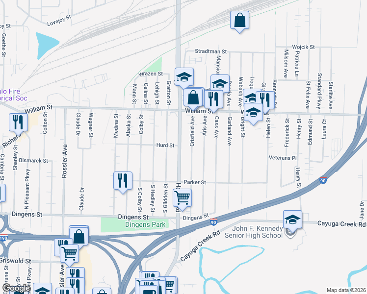 map of restaurants, bars, coffee shops, grocery stores, and more near 1435 Harlem Road in Buffalo