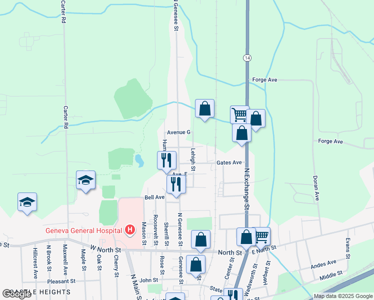 map of restaurants, bars, coffee shops, grocery stores, and more near 49 Avenue F in Geneva