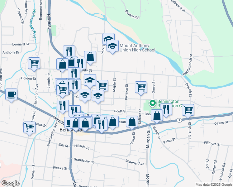 map of restaurants, bars, coffee shops, grocery stores, and more near 207 Maple Street in Bennington