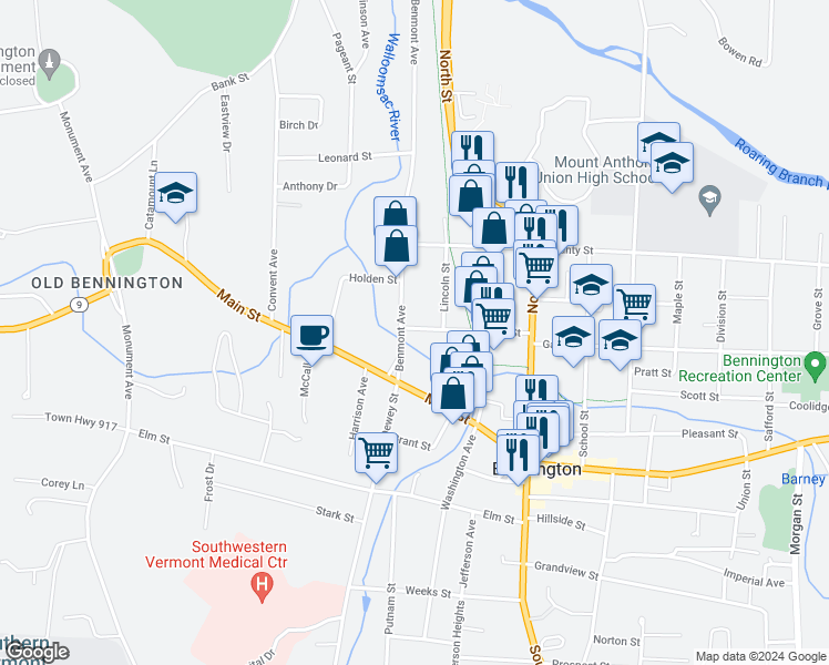 map of restaurants, bars, coffee shops, grocery stores, and more near 109 River Street in Bennington