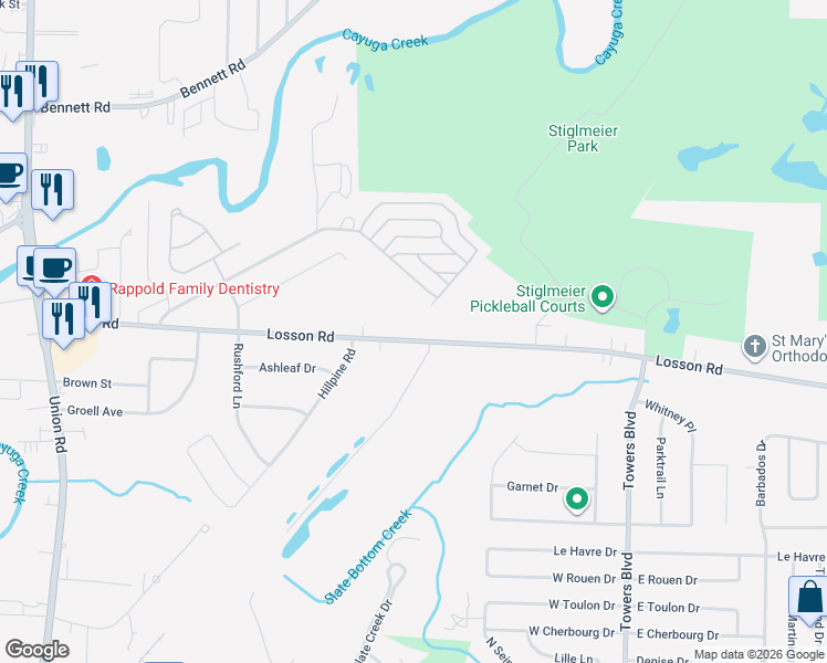 map of restaurants, bars, coffee shops, grocery stores, and more near 236 Losson Road in Buffalo