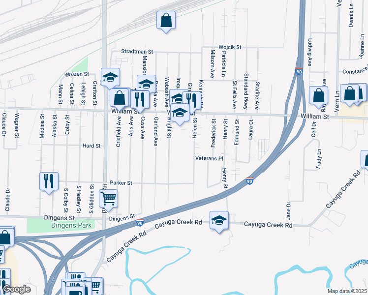 map of restaurants, bars, coffee shops, grocery stores, and more near 165 Bright Street in Cheektowaga