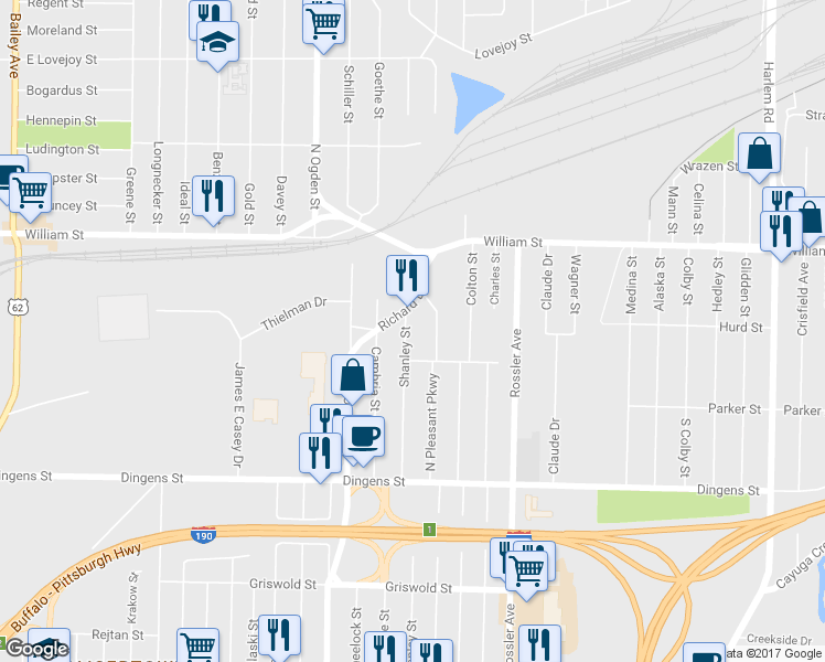 map of restaurants, bars, coffee shops, grocery stores, and more near 336 North Pleasant Parkway in Cheektowaga